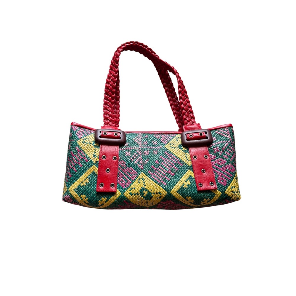 Vintage Y2K Woven Tropical Shoulder Bag Red Braided‎ Handles Buckle Boho